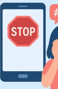 Immagine con un cellulare con scritto STOP ed emoji stilizzati, e a fianco una ragazza con le mani sul volto.